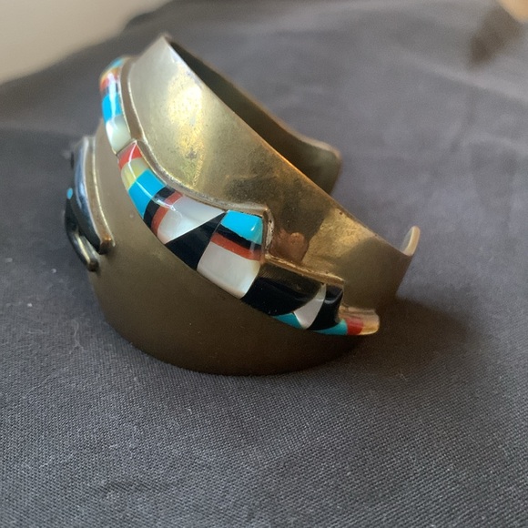 Vintage Zuni inlay ram 🐏 copper cuff, turquoise coral mother of pearl & onyx - Picture 5 of 10